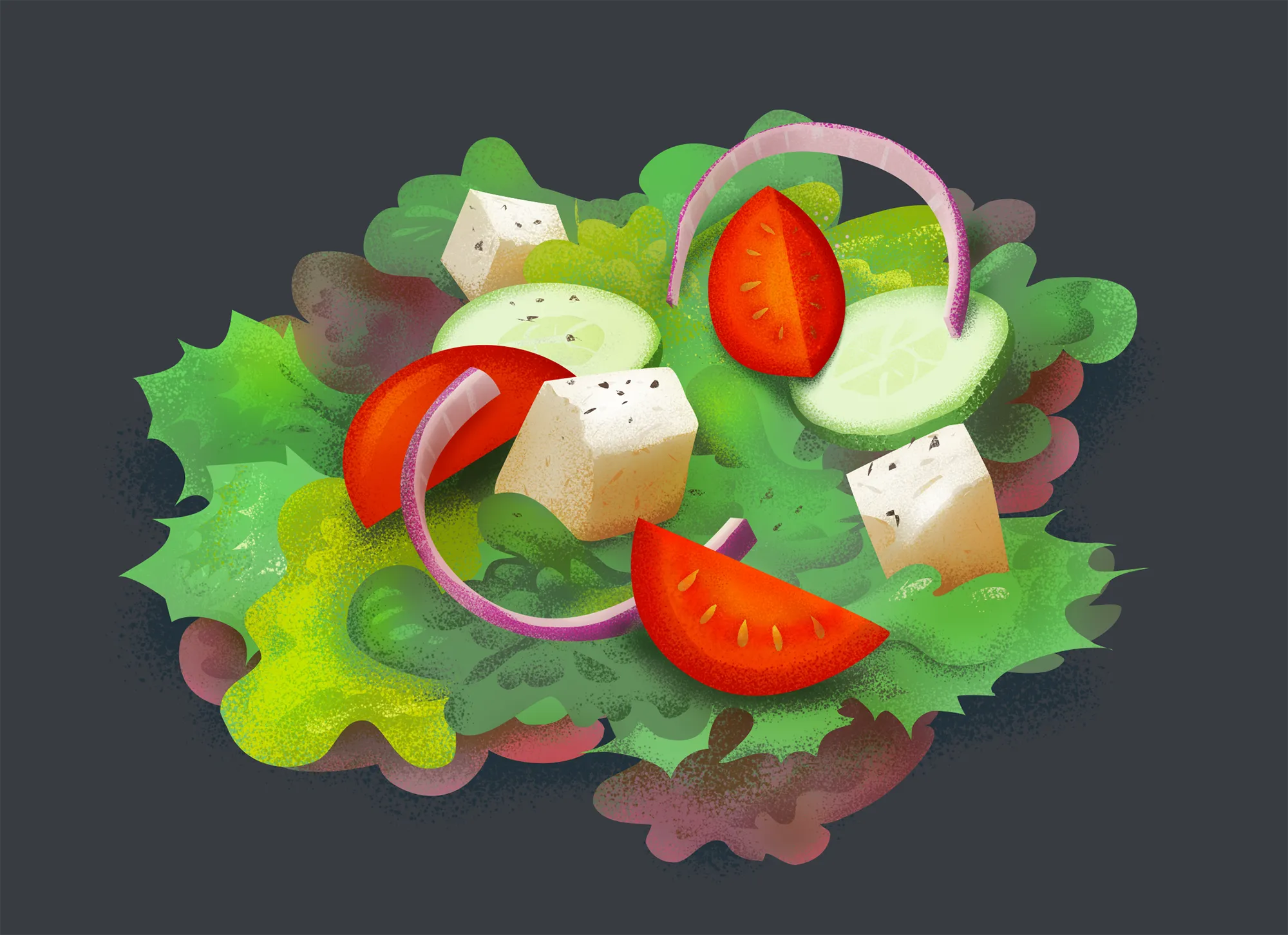 Salat mit Tomate, Fetakäse, Gurke, rote Zwiebeln - Food illustration